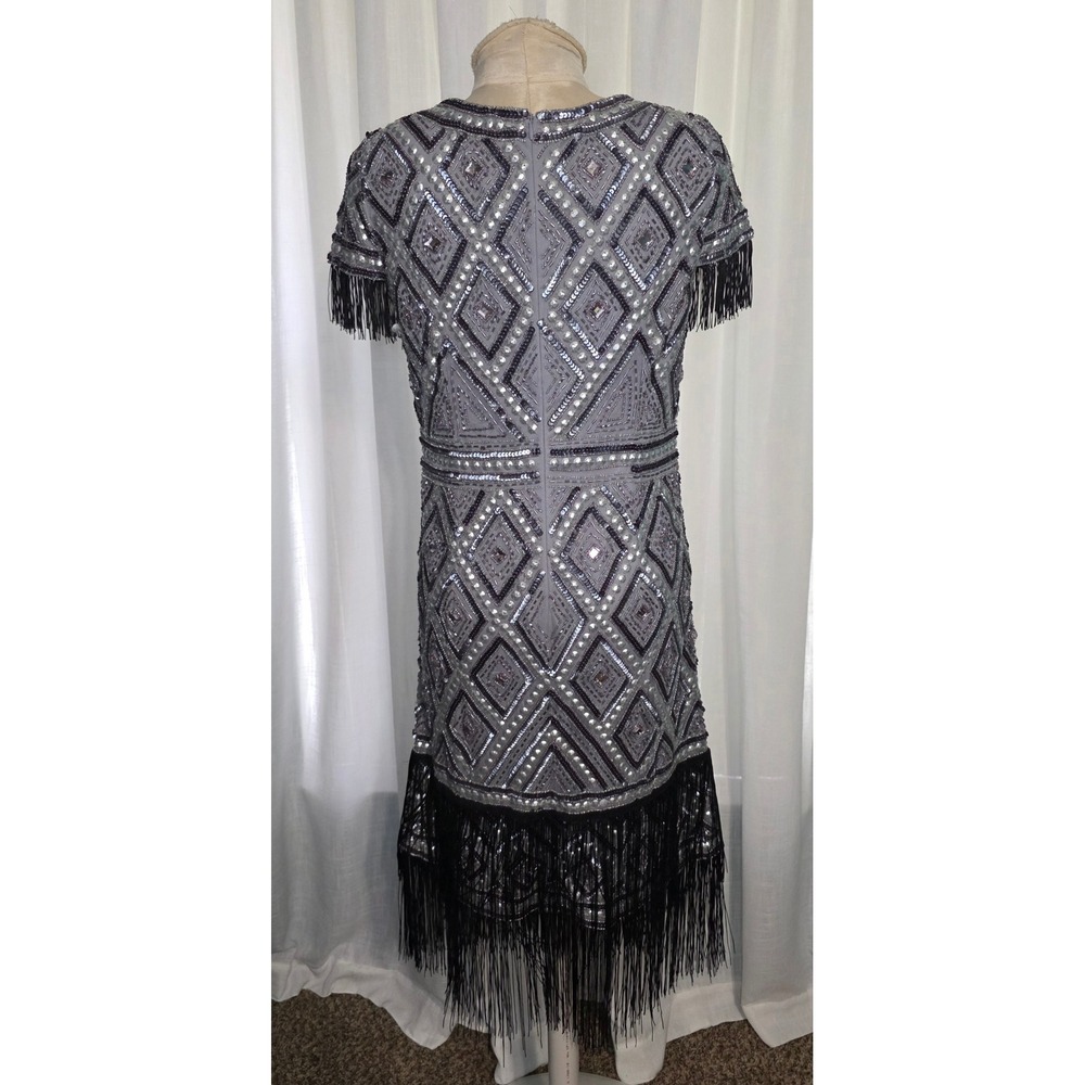 Adrianna Papell Grey Sequin Flapper Dress Set 1920s Gatsby Costume Size 12 - Picture 3 of 8
